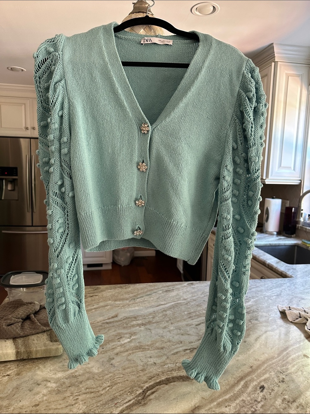 Zara Mint Knit Cardigan with Embellished Floral Buttons